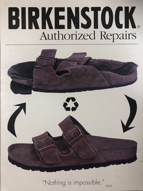 Original Birkenstock authorized repair display showing a sandal before and after repair