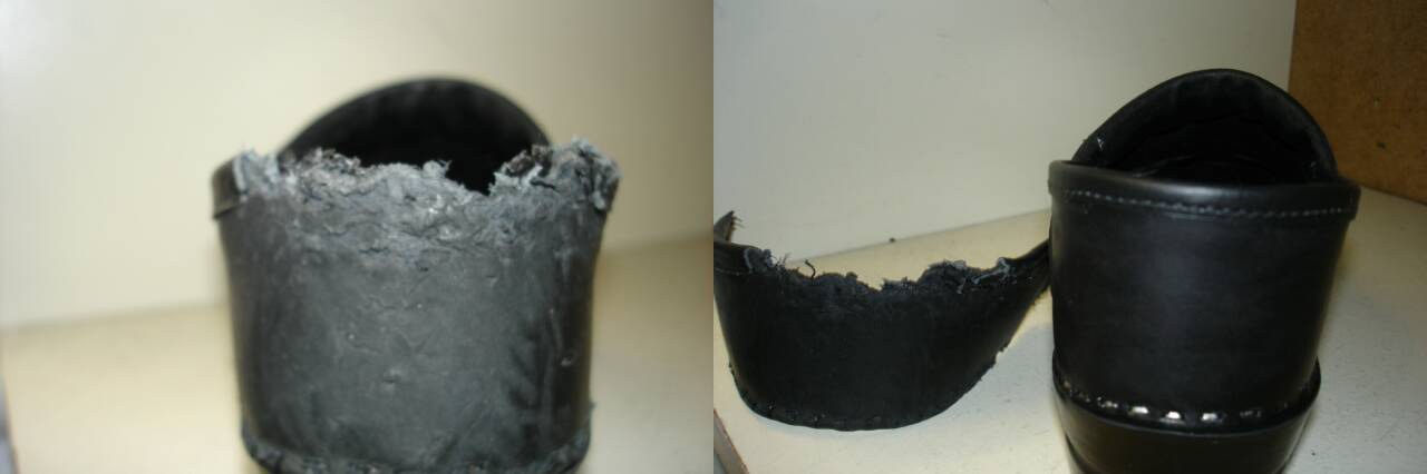 Black Dansko clogs with a damaged heel and a repaired heel